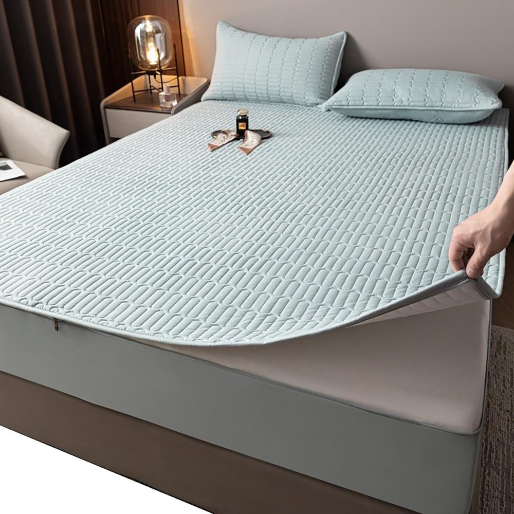 Quilted Zippered Mattress Protector, Light Cyan, 150 x 190 + 18 cm