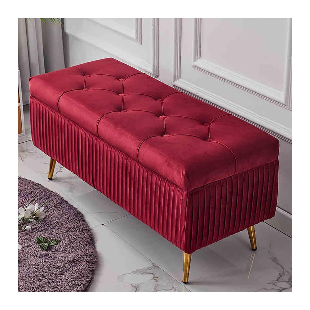 Upholstered Bench with Gold-Tone Metal Legs, Rectangular Ottoman for Entryway, Living Room, Bedroom or Hallway, Red, 80 x 40 x 45 cm, Stylish and Space-Saving