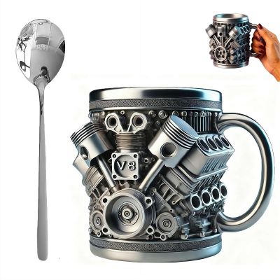 Retro V8 Engine Mug with Spoon, Stainless Steel Lined