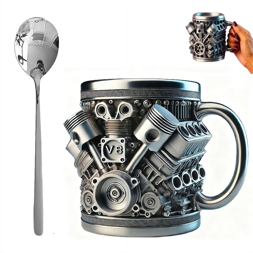 Retro V8 Engine Mug with Spoon, Stainless Steel Lined