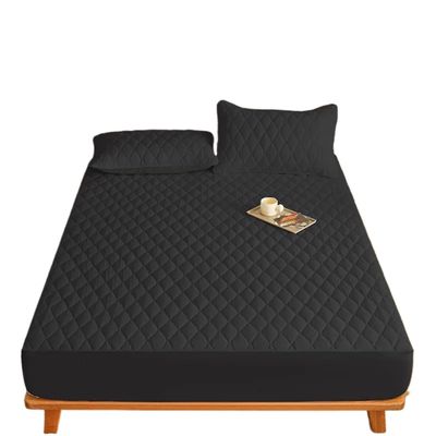 1 x Thick Solid-Color Plaid Mattress Cover, Cotton-Padded, Breathable (No Pillowcase), Black, 140 x 190 cm