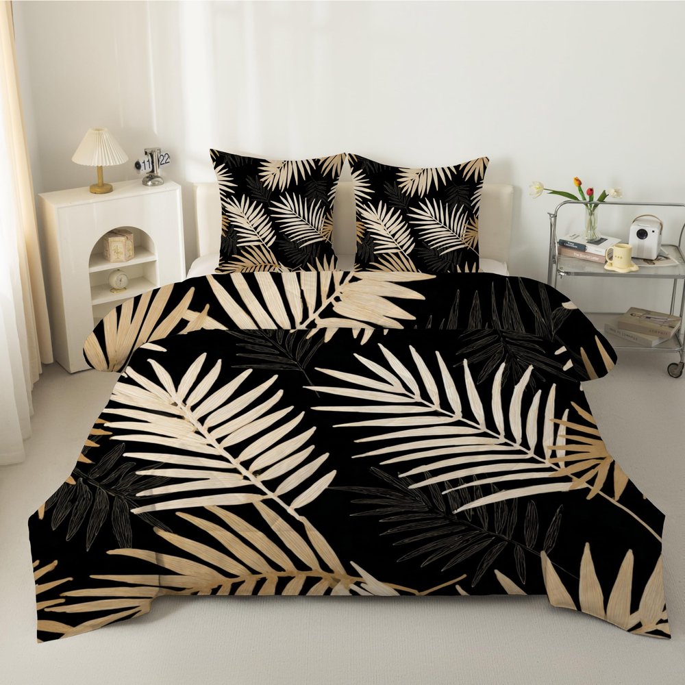 Linfye Golden Palm Leaves Comforter 155 x 220 cm, 4 Seasons, Reversible Tropical Plant Quilt with 2 Pillowcases 80 x 80 cm, B19