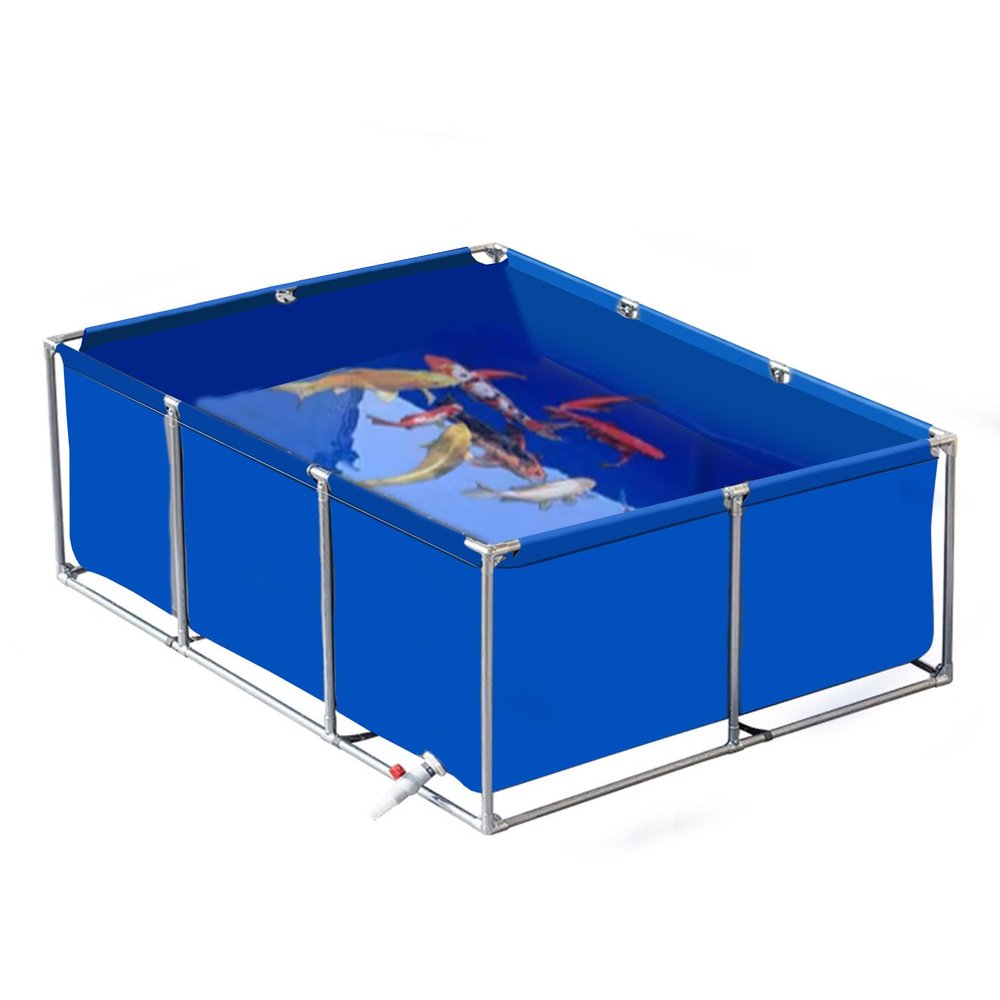 Large Outdoor Fish Holding Tank, Above-Ground Canvas Pool with Steel Frame for Koi Breeding, Easy-to-Assemble Fish Aquarium, 2 x 1.5 x 0.7 m (Blue)