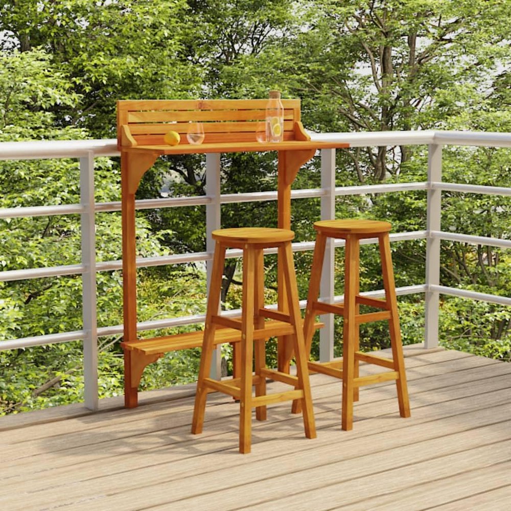 Tonture 3-Piece Solid Acacia Wood Balcony Bar Set, Oiled, 90 x 37 x 122.5 cm