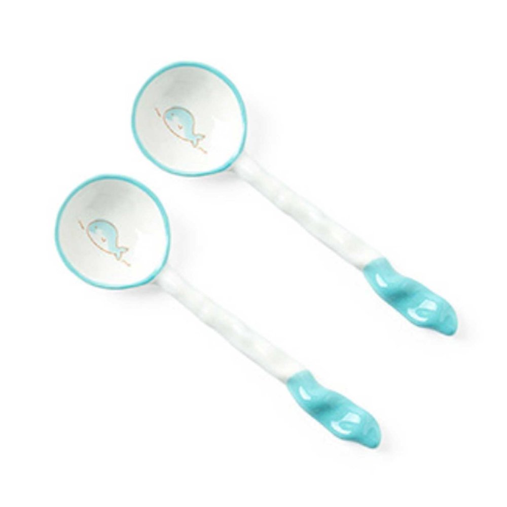 ALMLNLL Ceramic Soup Spoons, 2-Piece Set, Blue Whale, 16.5 cm (6 in.)