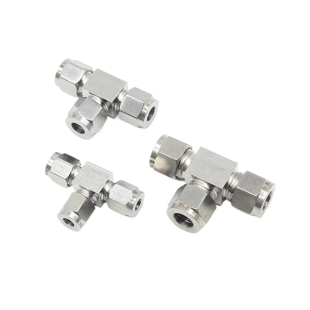304 Stainless Steel 3-Way Double-Ferrule Tee Tube Connector, 1/8" to 1/2" and 3–18 mm (1/4" / 6.35 mm Tube OD)