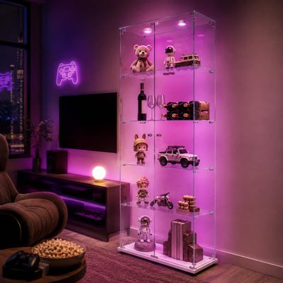Freestanding Glass Display Cabinet with LED, 5 Tiers, 2 Doors and Lock, White