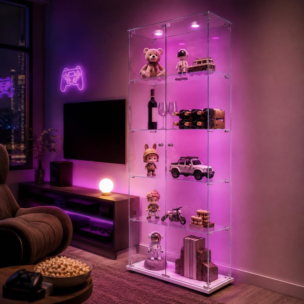 Freestanding Glass Display Cabinet with LED, 5 Tiers, 2 Doors and Lock, White