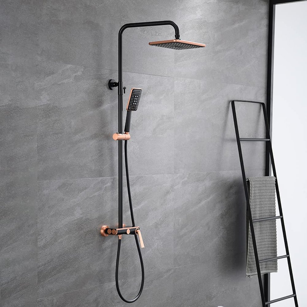 LISHEUK Luxury Shower Set in Rose Gold and Black with Brass Diverter Mixer, Rain Showerhead, Hot and Cold Water Control, Wall-Mounted Bathroom Shower System
