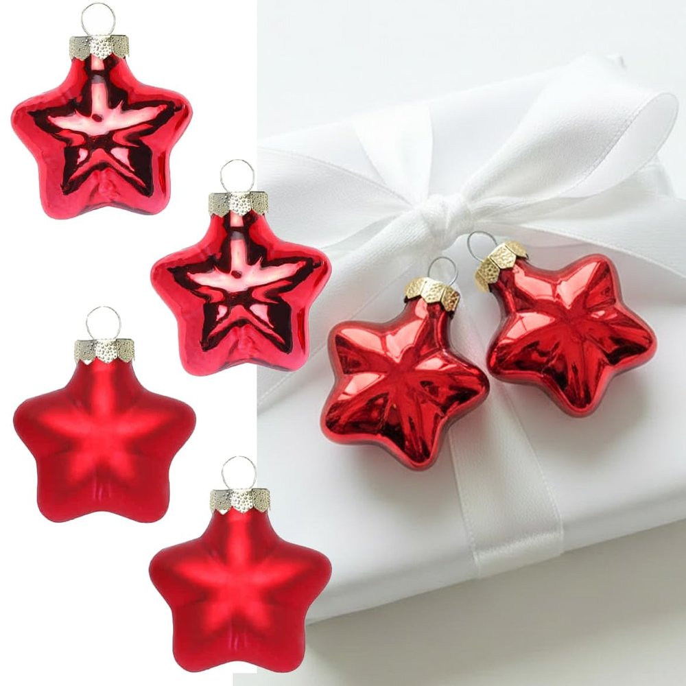 Mini Glass Christmas Bauble Gift Tags, 8 Red Stars, 4 cm