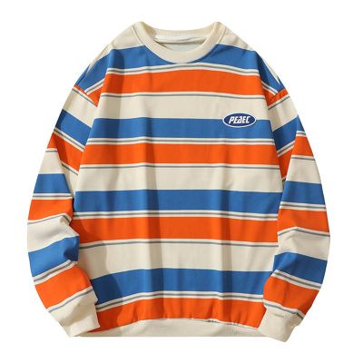 Men's Striped Oversized Crewneck Sweatshirt, Y2K Vintage Pullover
