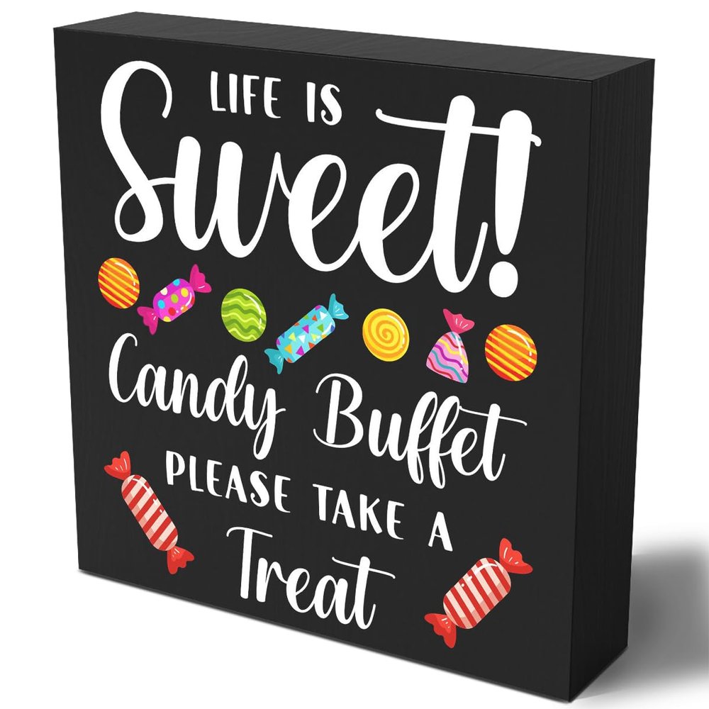 Funny Christmas Wooden Candy Buffet Sign, "Life Is Sweet Candy Buffet Please Take A Treat," Rustic Decor, 12.7 x 12.7 cm