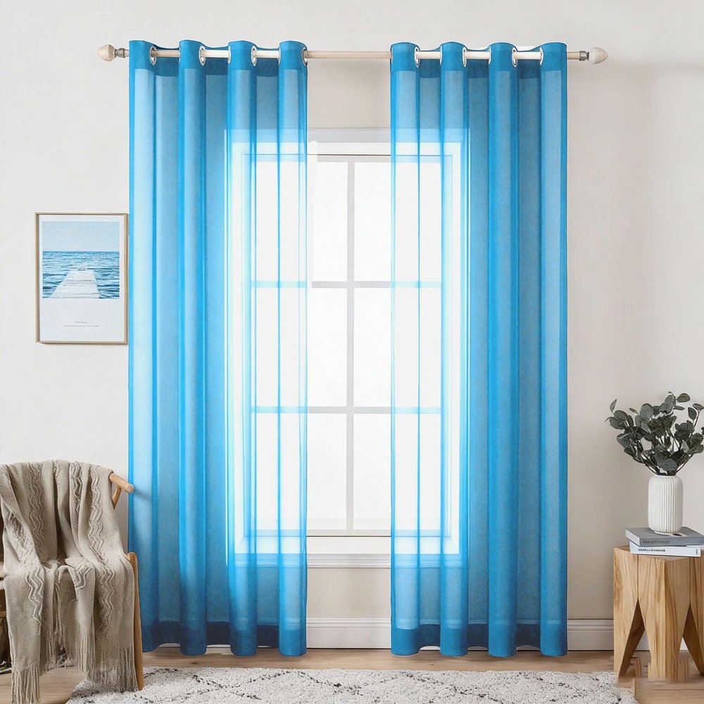 YUANZHI Sheer Voile Curtain, 180 x 230 cm, Semi-Transparent Polyester, Blue
