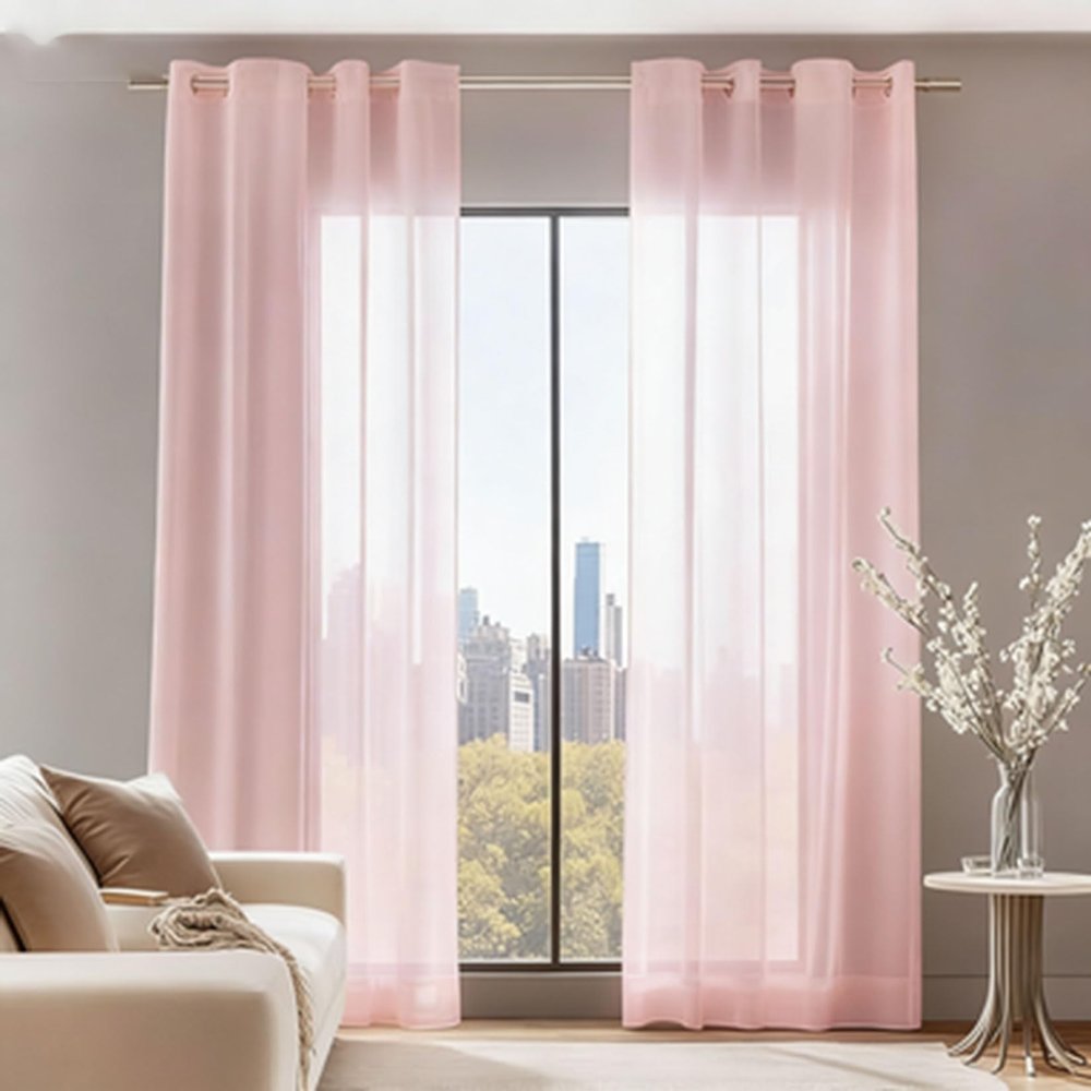 YUANZHI Voile Curtain 80 x 240 cm, Semi-Sheer Polyester, Pink