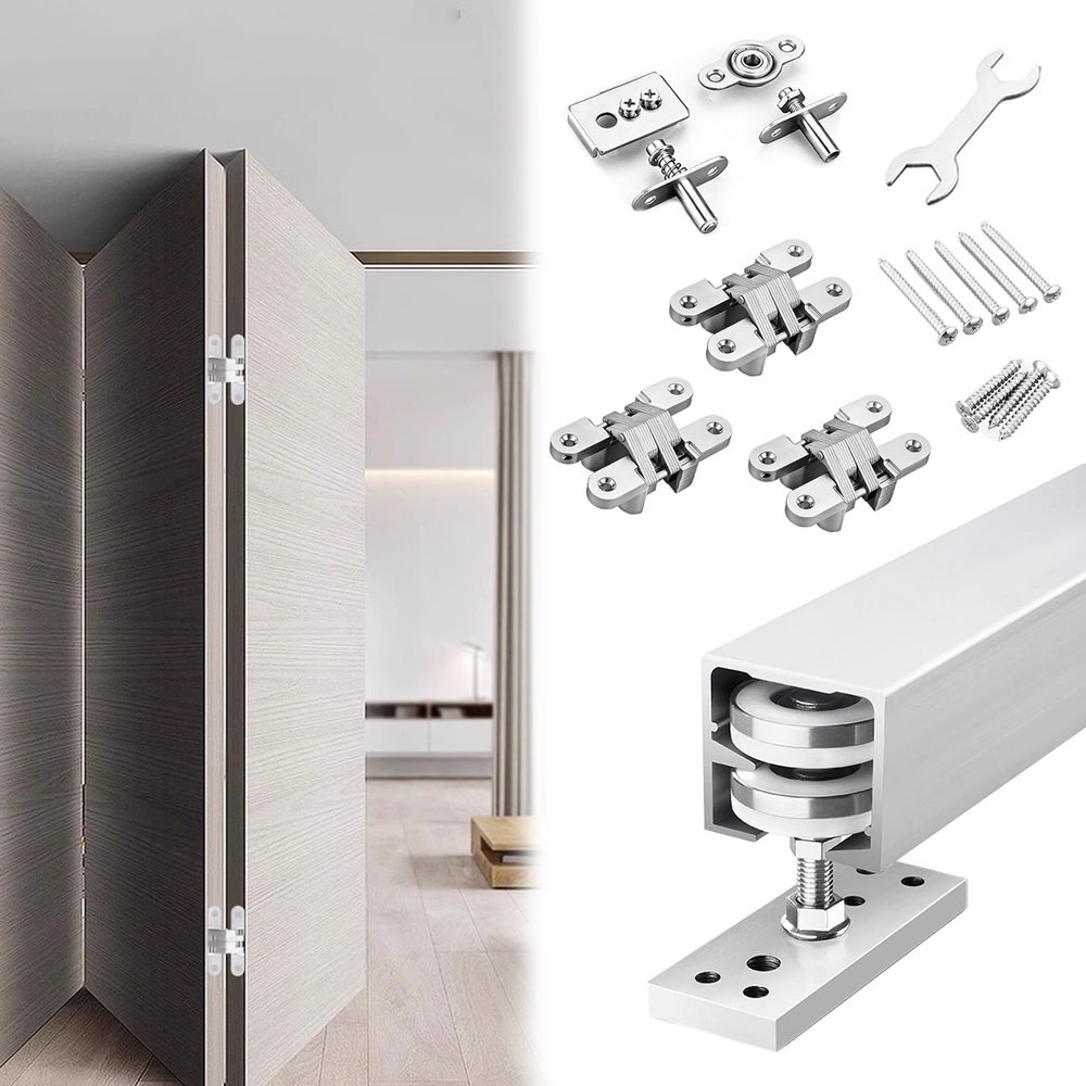Vibeo Folding Door Hardware Set with 3 Hinges, Quiet Sliding Track for Wardrobes, Aluminum Barn Door Profile, No Floor Track, 69 in/175 cm