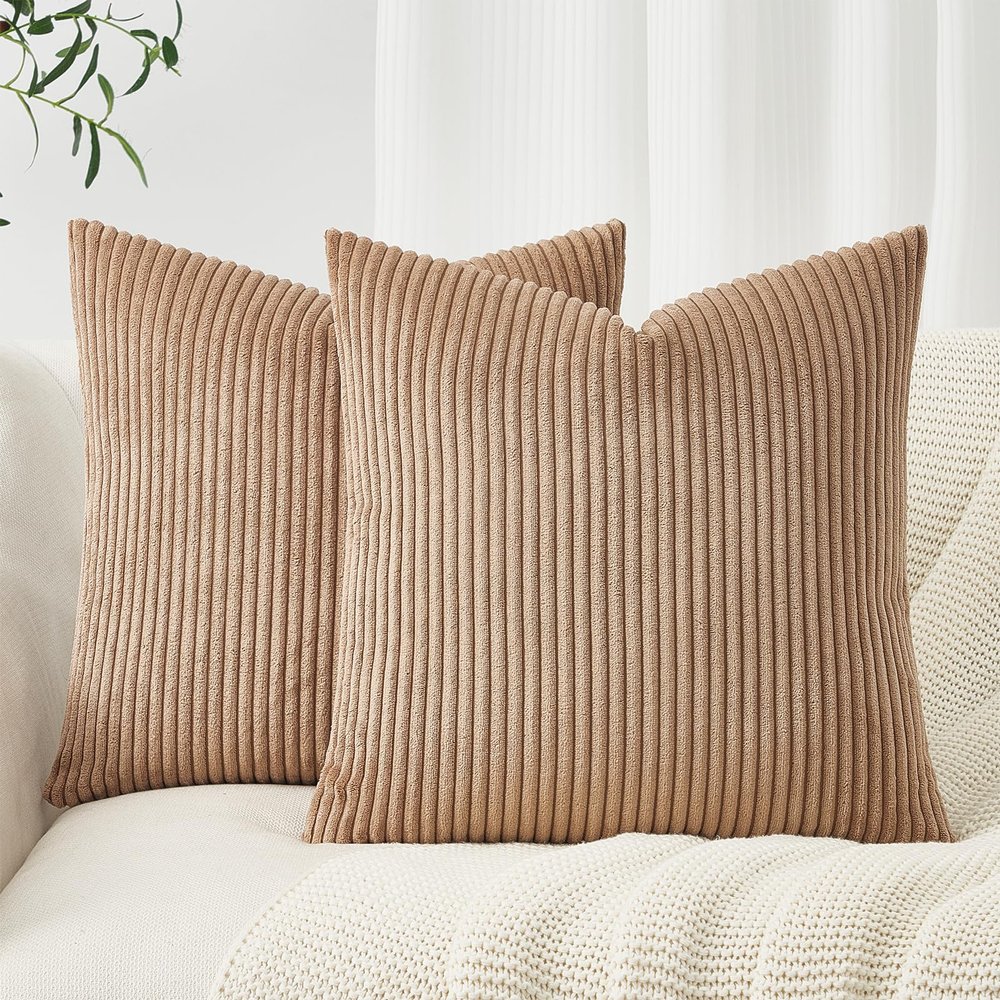Topfinel Brown Corduroy Throw Pillow Covers, 18 x 18 in, Set of 2