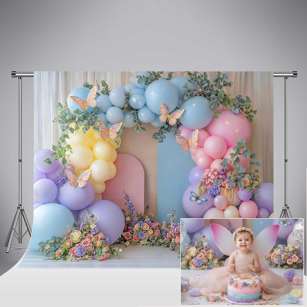 Kate Balloon Arch Photography Backdrop, 10 x 8 ft / 3 x 2.5 m, Purple Flowers and Butterflies