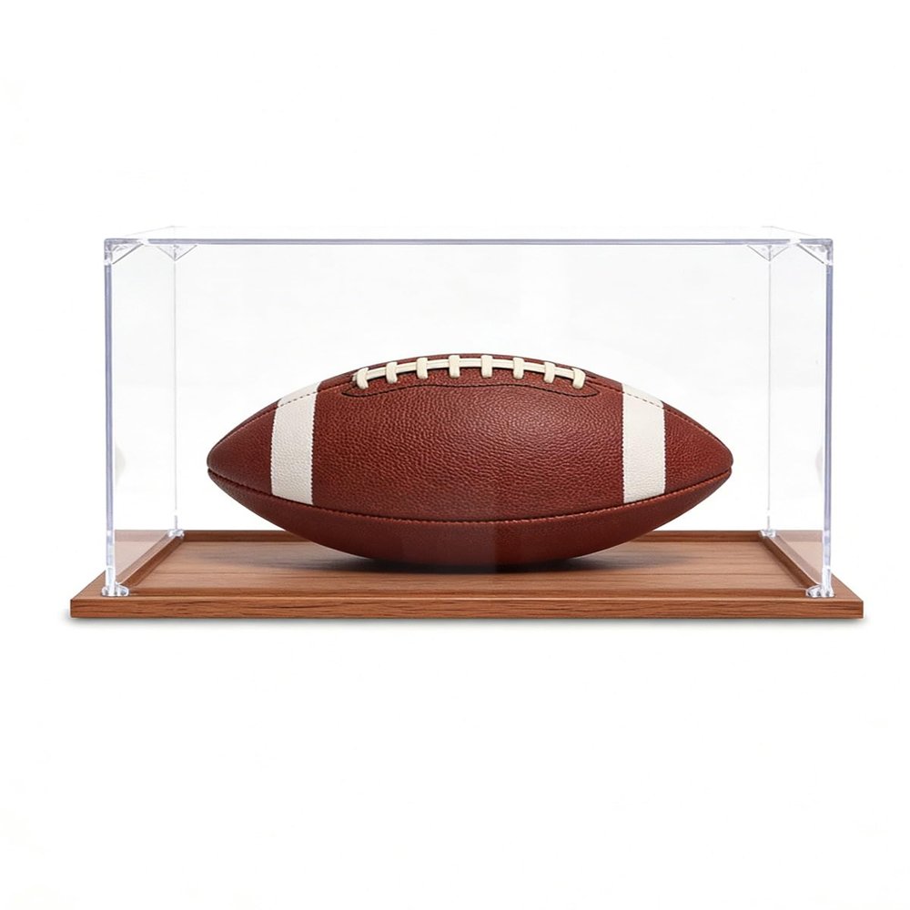 Extra-Long Acrylic Rugby Ball Display Case with Wooden Base, Easy to Install (40 x 25 x 35 cm / 16 x 10 x 14 in)