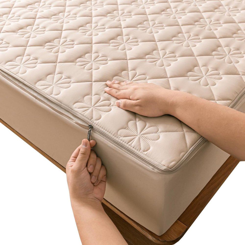 Quilted Zippered Mattress Protector, Beige, 180 x 210 x 18 cm