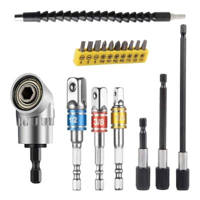 NDNCZDHC 18-Piece Flexible Drill Extension Set with 105-Degree Right-Angle Adapter and 1/2, 3/8, 1/4-Inch Hex Adapters