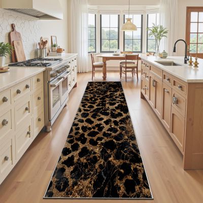 Black Gold Marble Rug Runner 80 x 400 cm, Cheetah Leopard Pattern