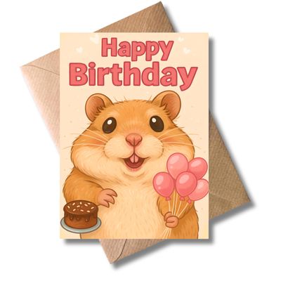 WBdesignz Birthday Card with Envelope – Pink Hamster and Balloon Design – Sweet Birthday Greeting Card with Cake, Pink Balloons and Hearts for Friends, Colleagues and Family (A6)