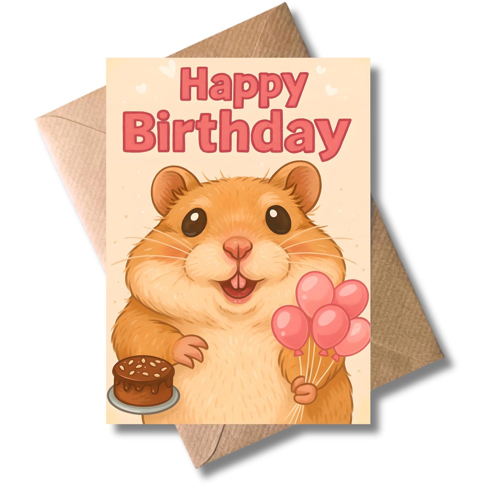 WBdesignz Birthday Card with Envelope – Pink Hamster and Balloon Design – Sweet Birthday Greeting Card with Cake, Pink Balloons and Hearts for Friends, Colleagues and Family (A6)