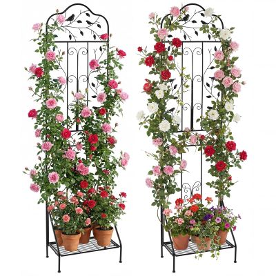 COSTWAY 2-Piece Metal Trellis Set, 3-in-1 Decorative Garden Fence, Plant Stand & Flower Shelf, Freestanding Climbing Support with Base, Black