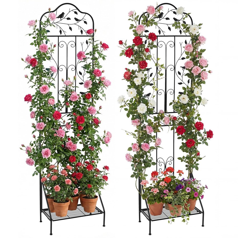 COSTWAY 2-Piece Metal Trellis Set, 3-in-1 Decorative Garden Fence, Plant Stand & Flower Shelf, Freestanding Climbing Support with Base, Black