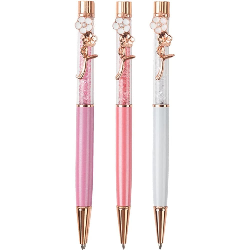 Brxmpn 3-Pack Floral-Pattern Metal Retractable Ballpoint Pens for Christmas, Weddings, Birthdays, and Party Favors