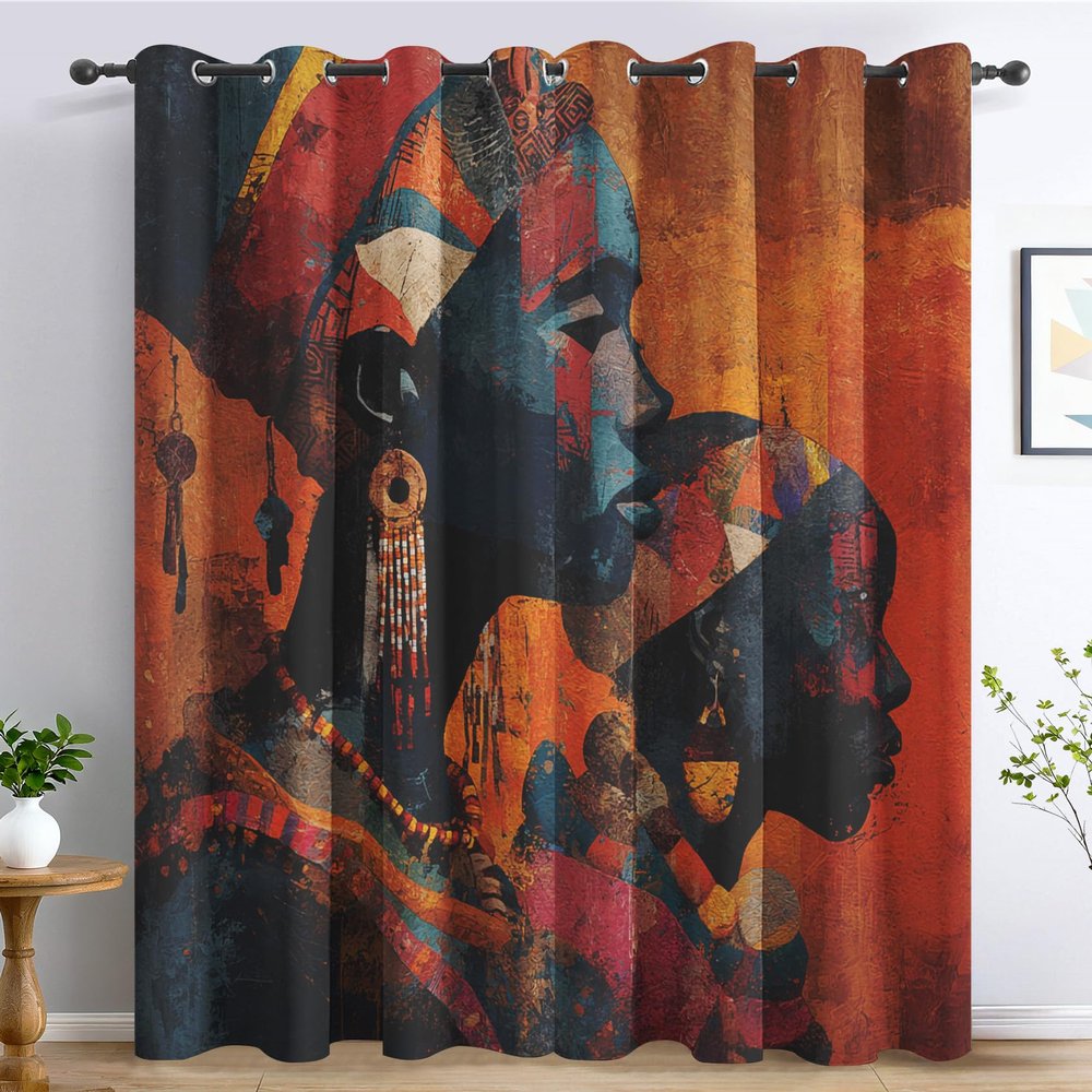 African Woman Blackout Curtains with Ethnic Tribal Symbol, 2-Piece Set, H260 x W140 cm