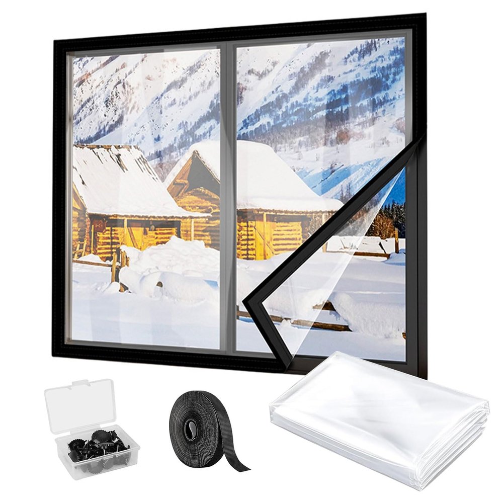 Window Insulation Film for Winter, 120x160/160x160/170x150 cm, Thick Transparent Film, Black, W86 x H180 cm