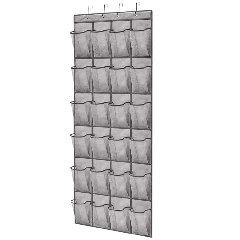 LPATEBCVU Wall-Mounted Shoe Organizer with 24 Pockets, Fabric and Mesh Compartments, Clear, Gray
