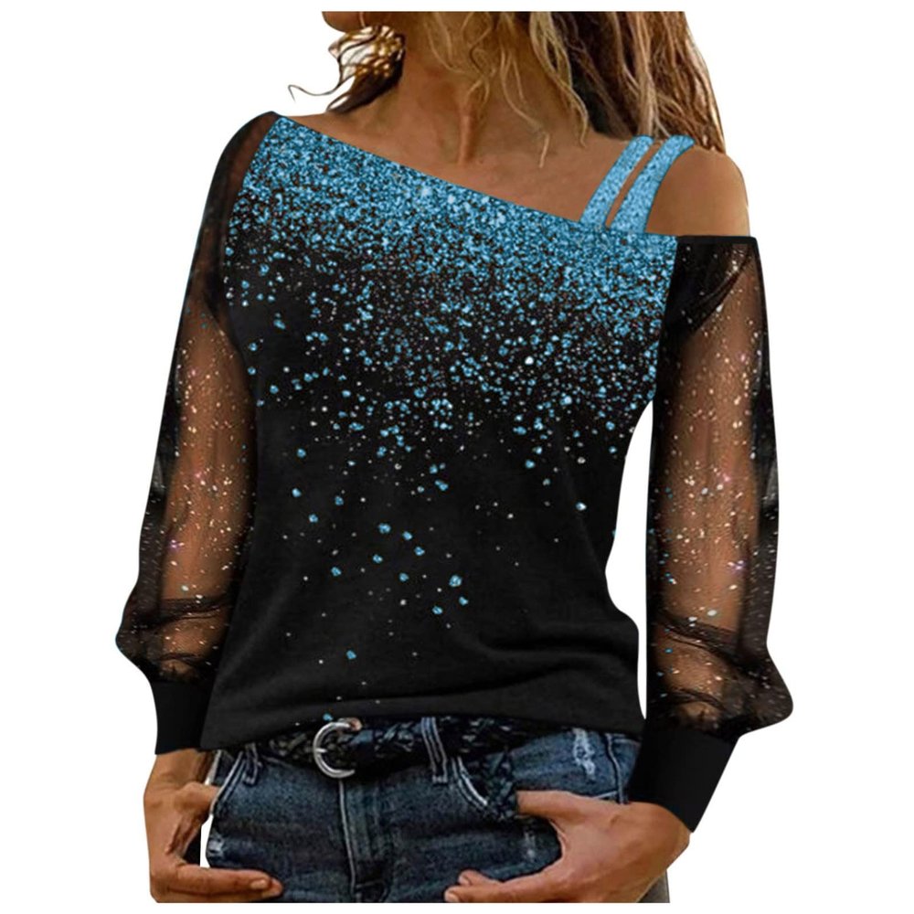 Women's Sequin Glitter Long-Sleeve Mesh Top, Festive Party Shirt, Sky Blue, XL