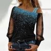 Women's Sequin Glitter Long-Sleeve Mesh Top, Festive Party Shirt, Sky Blue, XL view 2
