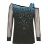 Women's Sequin Glitter Long-Sleeve Mesh Top, Festive Party Shirt, Sky Blue, XL view 3