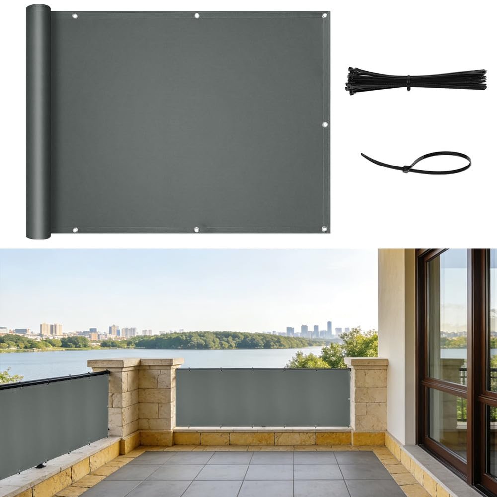 NUTKIT Balcony Privacy Screen, 90 x 600 cm, Dark Gray, with Eyelets and Cable Ties
