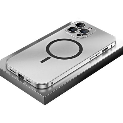 Magnetic Charging Aluminum Metal Bumper Case for iPhone 15 Pro, Silver