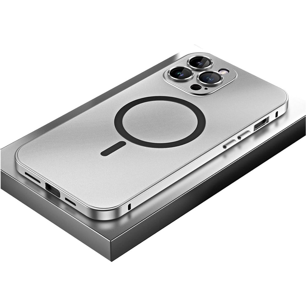 Magnetic Charging Aluminum Metal Bumper Case for iPhone 15 Pro, Silver