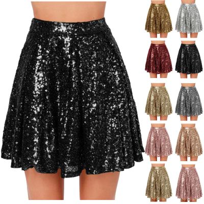 Women's Sequin Mini Skirt, High-Waisted A-Line, Black, XXL