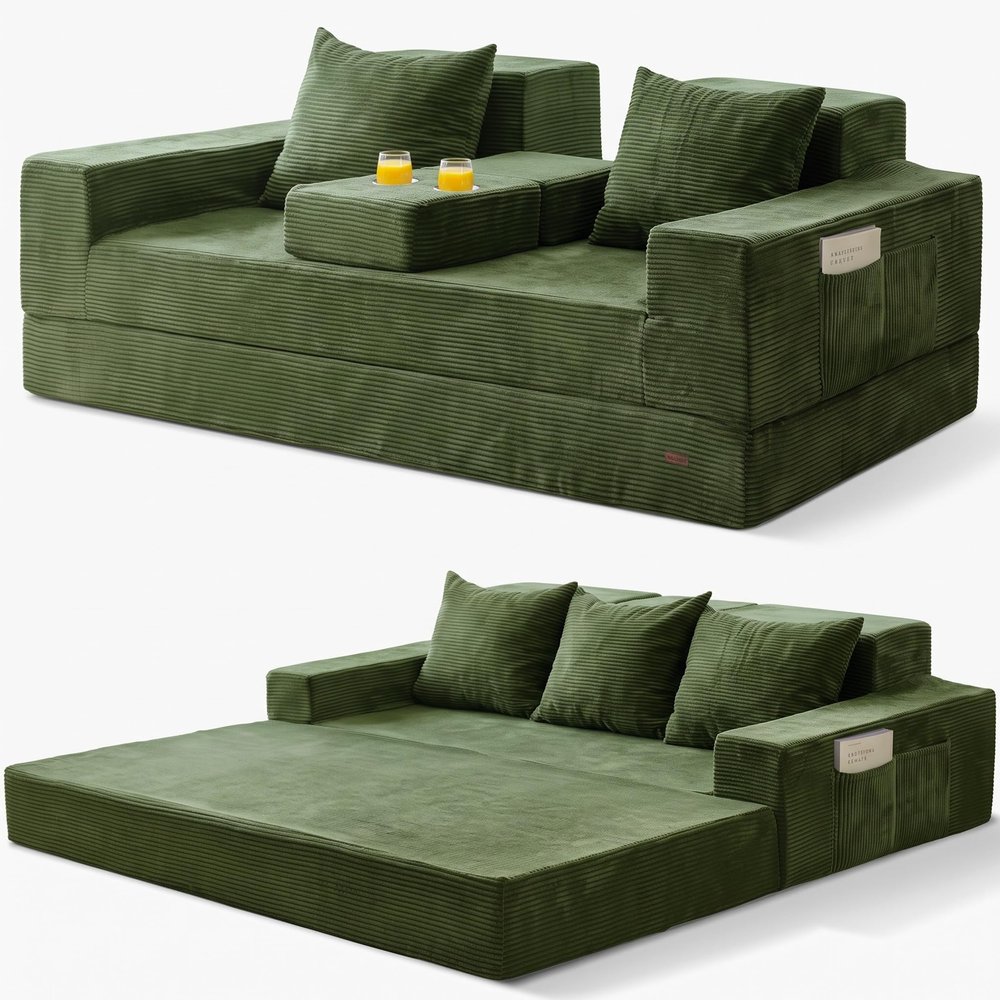 MAXYOYO Corduroy Folding Sleeper Sofa with Cup Holders
