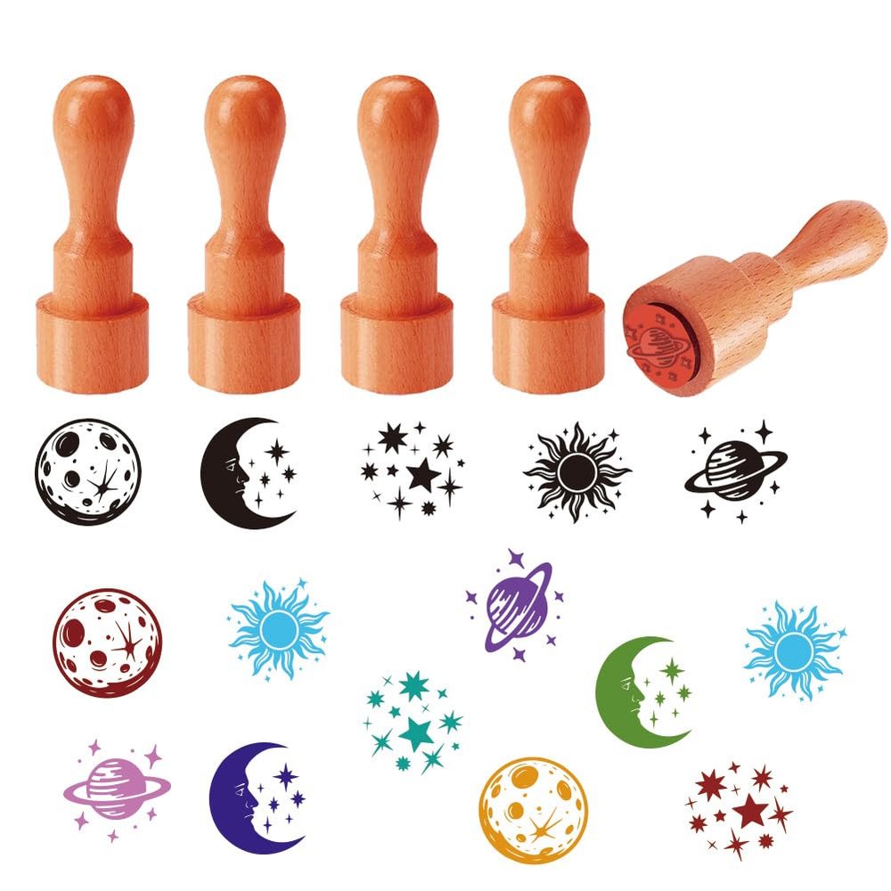 AHANDMAKER 5-Piece Mini Wooden Stamps, Star and Moon Patterns, Round Handles
