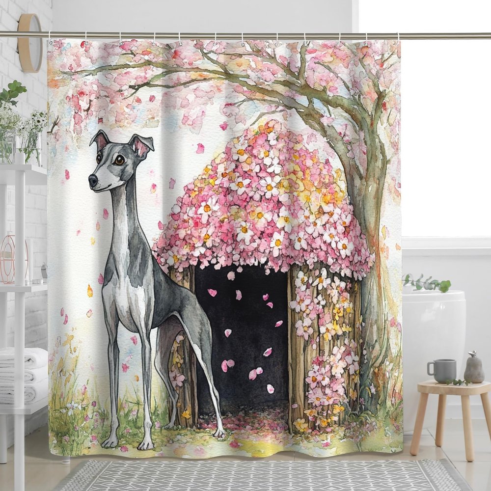 Shower Curtain Set with Greyhound and Floral Pattern, 62 x 72 cm, with Hooks