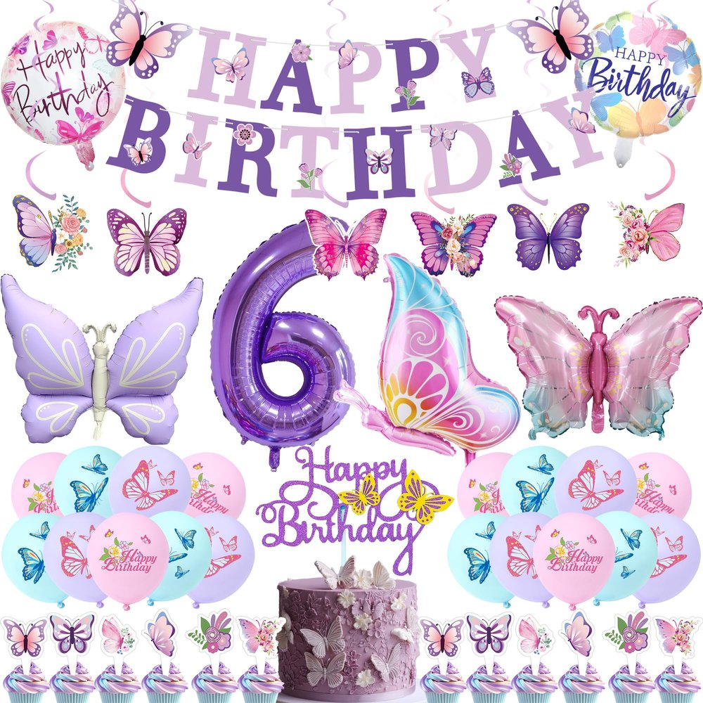 6th Birthday Butterfly Decorations, Purple, for Girls