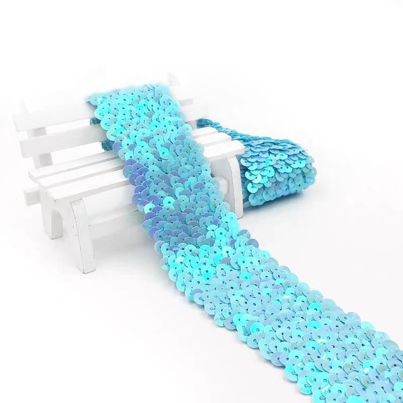 NIRNHYRUR Flat Elastic Band for Sewing, 3 m, 45 mm, Sequin Lace Trim for DIY Dance Dresses, Clothing, Decorations and Appliqués, Light Blue