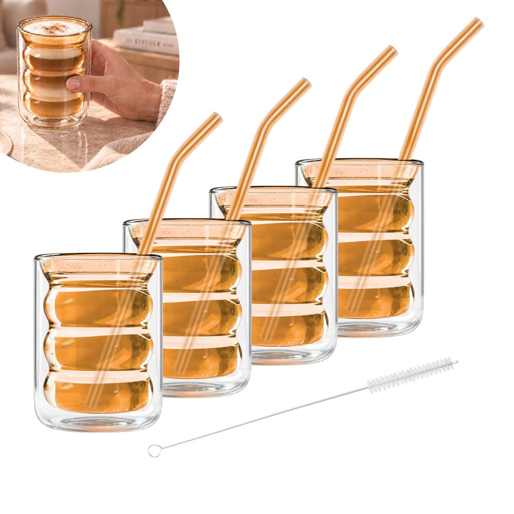 Bubble Glasses Set of 4, Double-Walled & Mouth-Blown, 250 ml (Amber)
