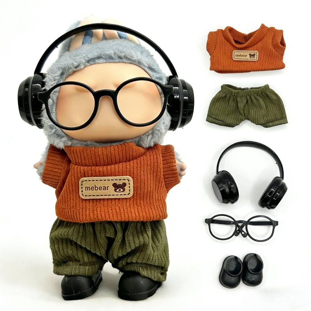 Doll Clothing Set for 17 cm Labubu Plush Figures: Sweater, Pants, Headphones, Glasses & Shoes (No Doll) (Style)