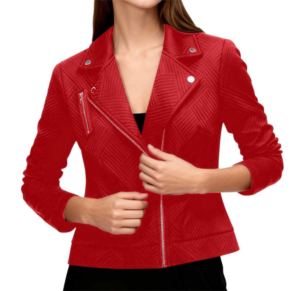 Vhersily Women's Faux Leather Jacket, Black, Quilted Biker Bomber Jacket, Long Sleeves, Classic Streetwear for Business and Weddings, Red, XXL