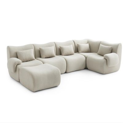 MILYsofa Modular Sectional Sofa, 5-Seater with Ottoman, Cream Beige Bouclé, Removable Cushion Covers