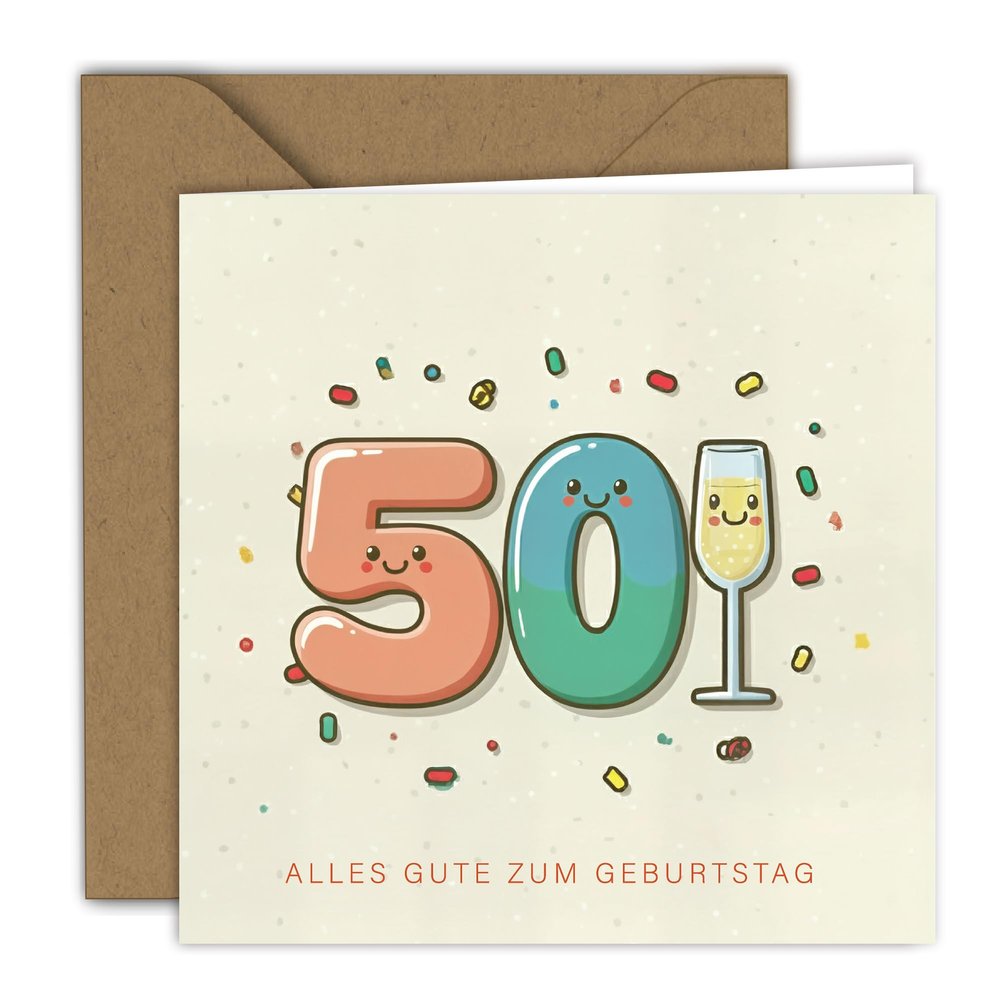 Birthday Card - Colorful 50s Design | Folded Card (15 x 15 cm) with Kraft Envelope